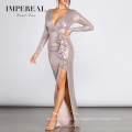 Wrap Sequin Metallic Party Long Sleeves Evening Dresses 2018 Women